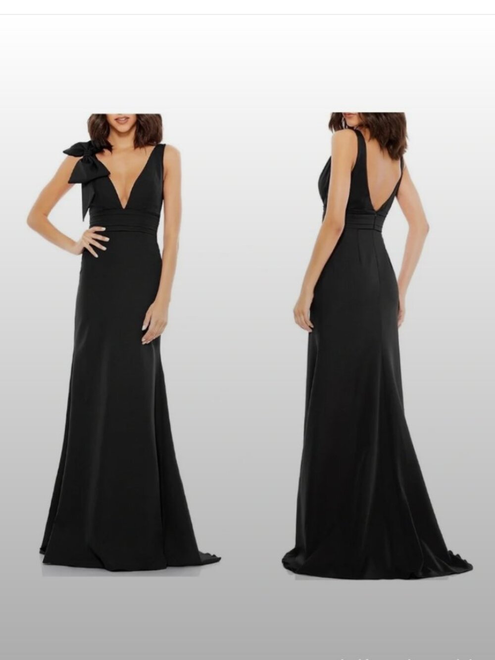 Mac Duggal EUC black maxi floor length deep v black formal dress with bow sz 10